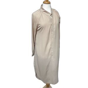 Misslook Nude Beige Midi Shirt Dress - Women L - Lagenlook Minimalist Neutral